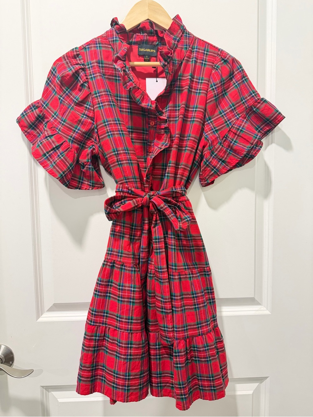 Sugarlips Red Plaid Ruffle Tie-Waist Mini Dress